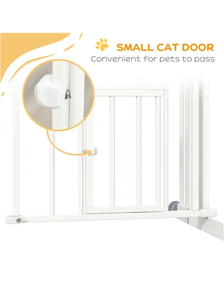 PawHut Pressure Fit Stair Gate, Dog Gate w/ Small Cat Door, Auto Closing System, Double Locking Openings, 74-80cm - White