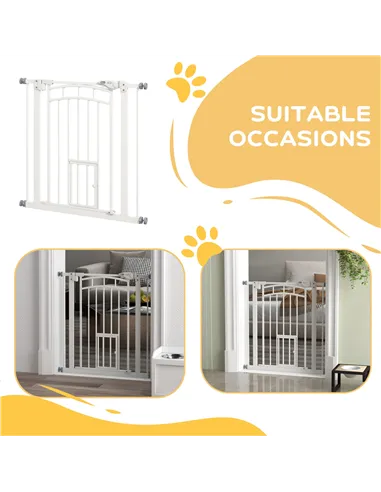 PawHut Pressure Fit Stair Gate, Dog Gate w/ Small Cat Door, Auto Closing System, Double Locking Openings, 74-80cm - White