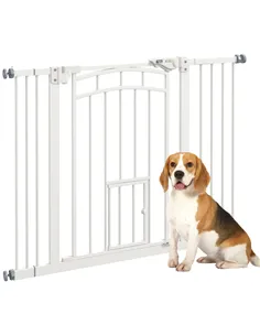 PawHut Pressure Fit Stair Dog Gate w/ Small Cat Door, Automatic Closing Door, Double Locking, for 74-100cm Openings - White