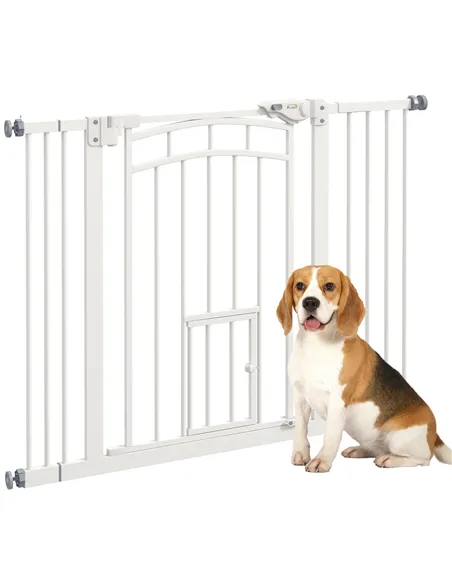 PawHut Pressure Fit Stair Dog Gate w/ Small Cat Door, Automatic Closing Door, Double Locking, for 74-100cm Openings - White