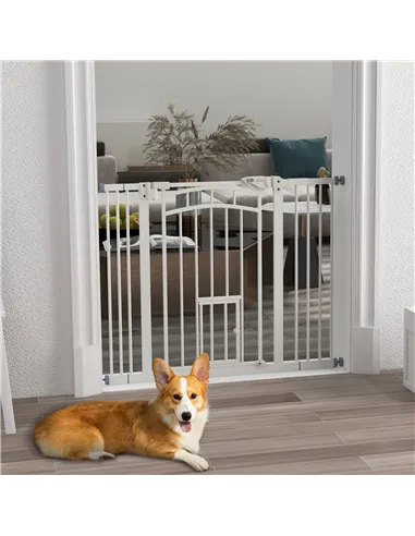 PawHut Pressure Fit Stair Dog Gate w/ Small Cat Door, Automatic Closing Door, Double Locking, for 74-100cm Openings - White
