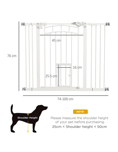 PawHut Pressure Fit Stair Dog Gate w/ Small Cat Door, Automatic Closing Door, Double Locking, for 74-100cm Openings - White