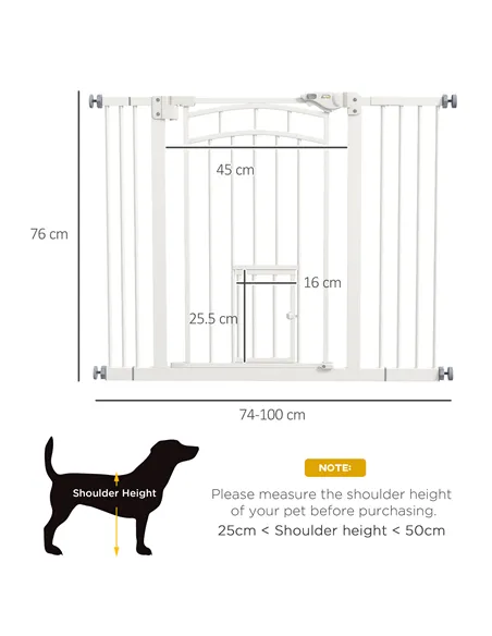 PawHut Pressure Fit Stair Dog Gate w/ Small Cat Door, Automatic Closing Door, Double Locking, for 74-100cm Openings - White