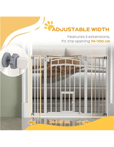 PawHut Pressure Fit Stair Dog Gate w/ Small Cat Door, Automatic Closing Door, Double Locking, for 74-100cm Openings - White