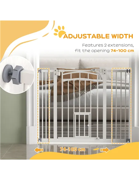 PawHut Pressure Fit Stair Dog Gate w/ Small Cat Door, Automatic Closing Door, Double Locking, for 74-100cm Openings - White