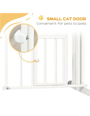 PawHut Pressure Fit Stair Dog Gate w/ Small Cat Door, Automatic Closing Door, Double Locking, for 74-100cm Openings - White