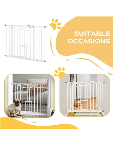 PawHut Pressure Fit Stair Dog Gate w/ Small Cat Door, Automatic Closing Door, Double Locking, for 74-100cm Openings - White