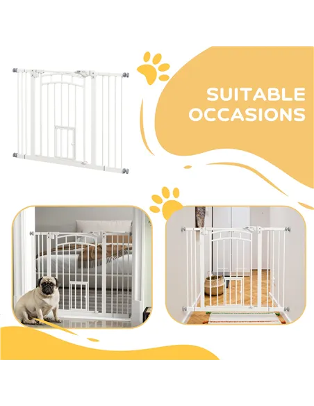 PawHut Pressure Fit Stair Dog Gate w/ Small Cat Door, Automatic Closing Door, Double Locking, for 74-100cm Openings - White