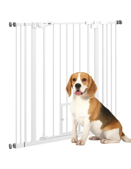PawHut Extra Tall Pet Gate, Indoor Dog Safety Gate, with Cat Flap, Auto Close, 74-101cm Wide - White