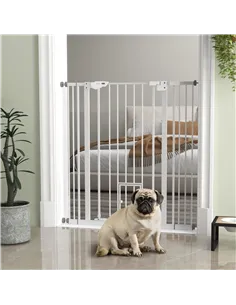 PawHut Extra Tall Pet Gate, Indoor Dog Safety Gate, with Cat Flap, Auto Close, 74-101cm Wide - White 2