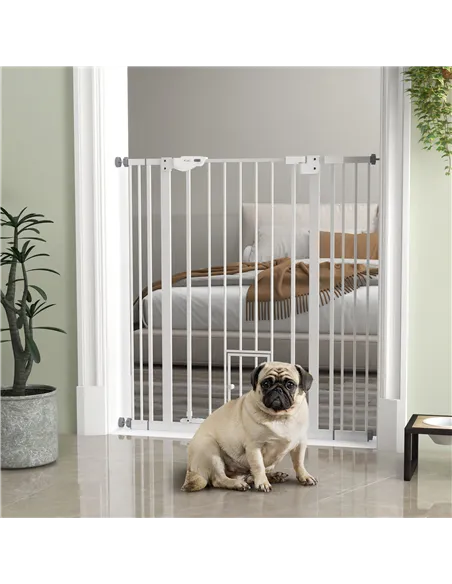 PawHut Extra Tall Pet Gate, Indoor Dog Safety Gate, with Cat Flap, Auto Close, 74-101cm Wide - White