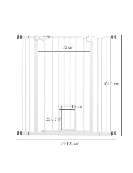 PawHut Extra Tall Pet Gate, Indoor Dog Safety Gate, with Cat Flap, Auto Close, 74-101cm Wide - White