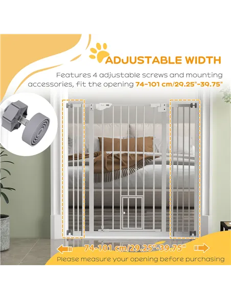 PawHut Extra Tall Pet Gate, Indoor Dog Safety Gate, with Cat Flap, Auto Close, 74-101cm Wide - White