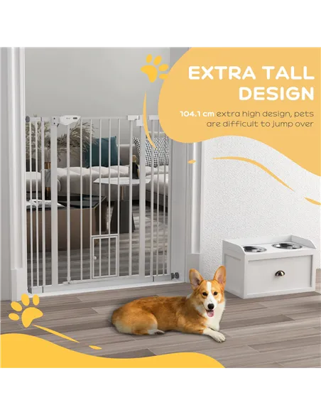PawHut Extra Tall Pet Gate, Indoor Dog Safety Gate, with Cat Flap, Auto Close, 74-101cm Wide - White