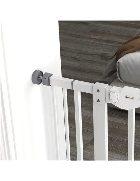 PawHut Extra Tall Pet Gate, Indoor Dog Safety Gate, with Cat Flap, Auto Close, 74-101cm Wide - White