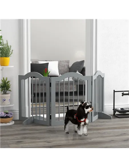 PawHut 3 Panels Dog Gate w/ Support Feet Fence Safety Barrier Freestanding Wood Light Grey