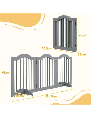PawHut 3 Panels Dog Gate w/ Support Feet Fence Safety Barrier Freestanding Wood Light Grey