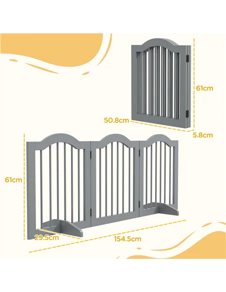PawHut 3 Panels Dog Gate w/ Support Feet Fence Safety Barrier Freestanding Wood Light Grey