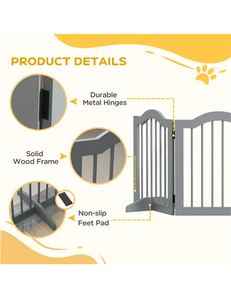 PawHut 3 Panels Dog Gate w/ Support Feet Fence Safety Barrier Freestanding Wood Light Grey