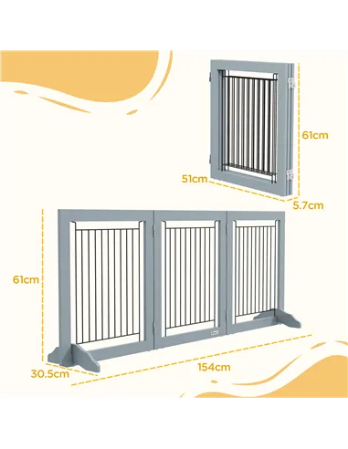 PawHut Foldable Pet Gate, with Three Panels & Two Support Feet - Grey