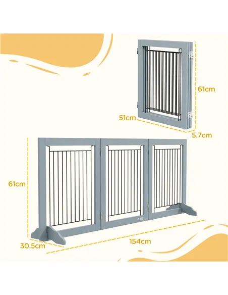 PawHut Foldable Pet Gate, with Three Panels & Two Support Feet - Grey