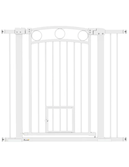 PawHut 96cm Tall Dog Gate with Cat Door, 7cm and 14cm Extensions, for Stairs, Doorways, 76-104cm Width