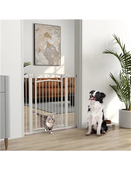 PawHut 96cm Tall Dog Gate with Cat Door, 7cm and 14cm Extensions, for Stairs, Doorways, 76-104cm Width