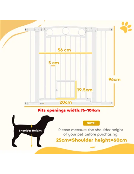 PawHut 96cm Tall Dog Gate with Cat Door, 7cm and 14cm Extensions, for Stairs, Doorways, 76-104cm Width