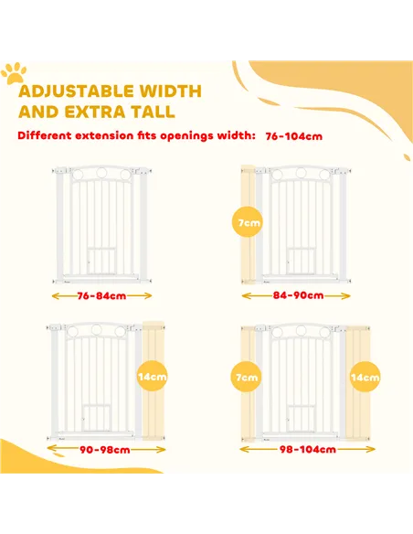 PawHut 96cm Tall Dog Gate with Cat Door, 7cm and 14cm Extensions, for Stairs, Doorways, 76-104cm Width
