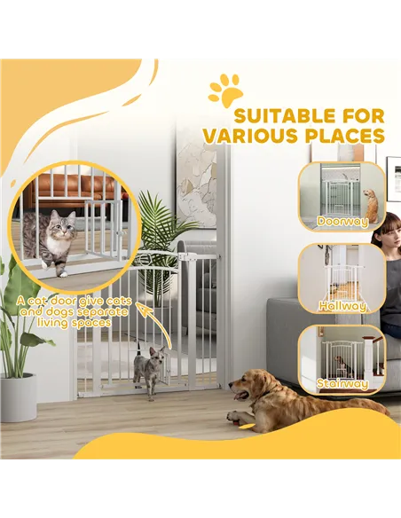 PawHut 96cm Tall Dog Gate with Cat Door, 7cm and 14cm Extensions, for Stairs, Doorways, 76-104cm Width