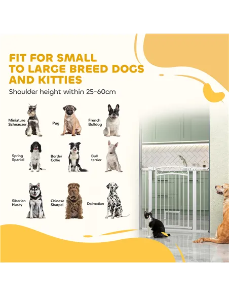 PawHut 96cm Tall Dog Gate with Cat Door, 7cm and 14cm Extensions, for Stairs, Doorways, 76-104cm Width