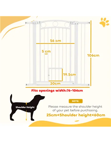 PawHut 106cm Tall Dog Gate with Cat Door, 7cm and 14cm Extensions, for Stairs, Doorways, 76-104cm Width