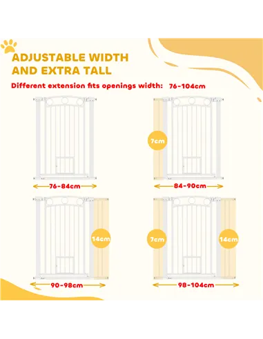 PawHut 106cm Tall Dog Gate with Cat Door, 7cm and 14cm Extensions, for Stairs, Doorways, 76-104cm Width