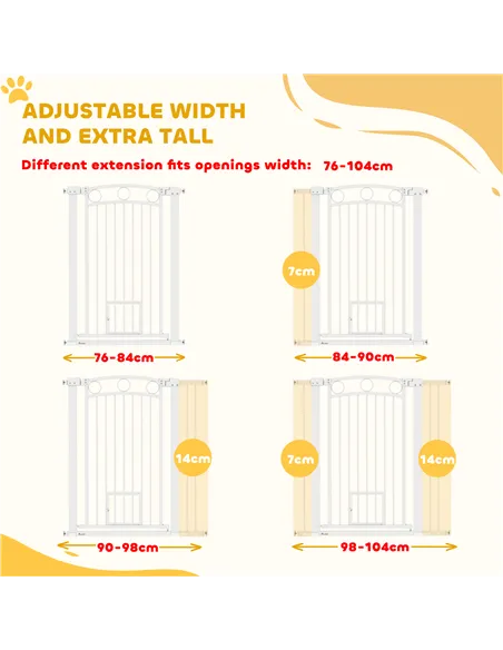 PawHut 106cm Tall Dog Gate with Cat Door, 7cm and 14cm Extensions, for Stairs, Doorways, 76-104cm Width