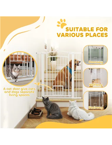 PawHut 106cm Tall Dog Gate with Cat Door, 7cm and 14cm Extensions, for Stairs, Doorways, 76-104cm Width