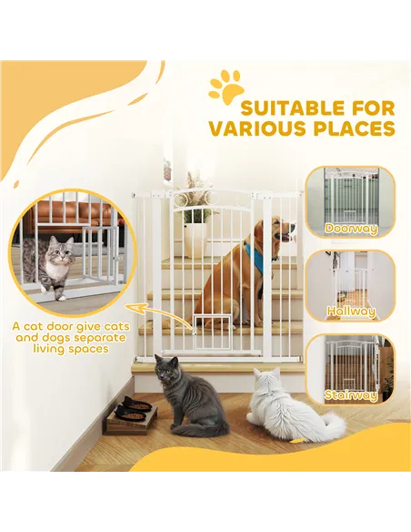 PawHut 106cm Tall Dog Gate with Cat Door, 7cm and 14cm Extensions, for Stairs, Doorways, 76-104cm Width