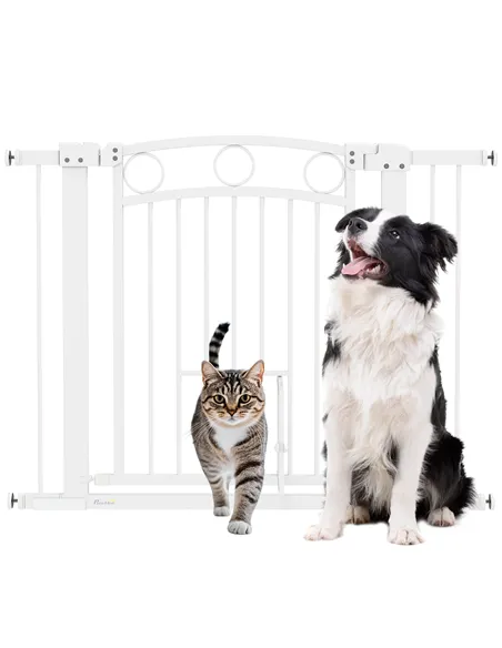 PawHut 77cm Tall Dog Gate with Cat Door, 7cm and 14cm Extensions, for Stairs, Doorways, 76-104cm Width
