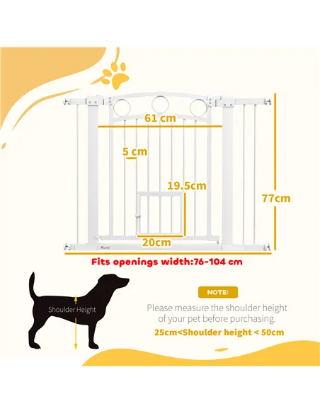 PawHut 77cm Tall Dog Gate with Cat Door, 7cm and 14cm Extensions, for Stairs, Doorways, 76-104cm Width