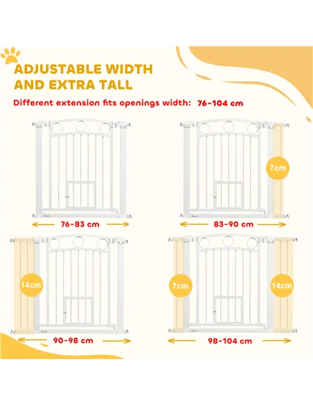 PawHut 77cm Tall Dog Gate with Cat Door, 7cm and 14cm Extensions, for Stairs, Doorways, 76-104cm Width