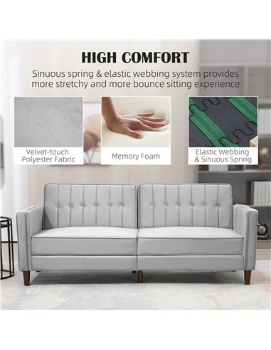 HOMCOM Modern Convertible Sofa Futon Velvet-Touch Tufted Couch Compact Loveseat with Adjustable Split Back, Light Grey
