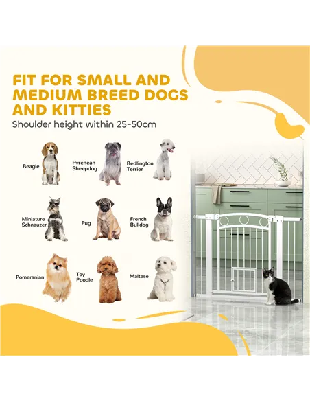 PawHut 77cm Tall Dog Gate with Cat Door, 7cm and 14cm Extensions, for Stairs, Doorways, 76-104cm Width