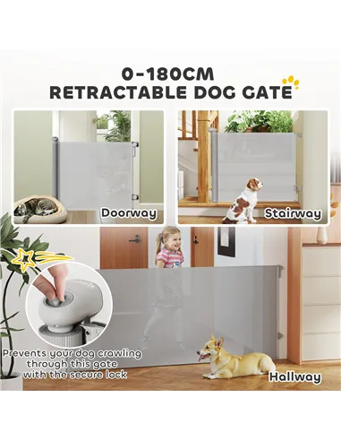PawHut Retractable Stair Gate Extends Up to 180 cm Wide, Dog Gate for Doorways, Stairways, Hallways, Grey