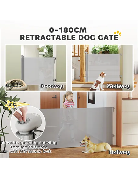 PawHut Retractable Stair Gate Extends Up to 180 cm Wide, Dog Gate for Doorways, Stairways, Hallways, Grey