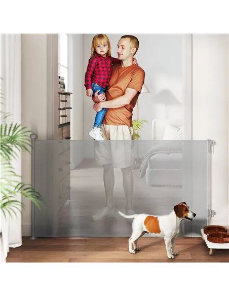 PawHut Retractable Stair Gate Extends Up to 140 cm Wide, Dog Gate for Doorways, Stairways, Hallways, Grey