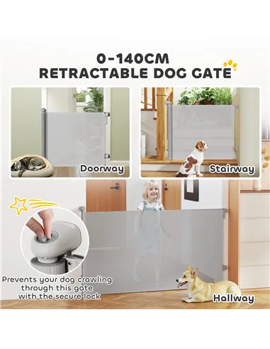 PawHut Retractable Stair Gate Extends Up to 140 cm Wide, Dog Gate for Doorways, Stairways, Hallways, Grey