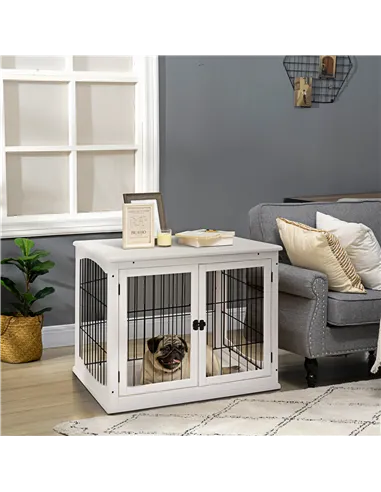 PawHut Dog Crate Furniture, Puppy Crate End Table, Pet Kennel House with 2 Doors for Medium and Small Dogs, 81 x 58.5 x 66 cm, W