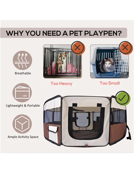 PawHut Portable Cat Dog Playpen Pet Puppy Rabbit Guinea Pig Pen Run Dia 90 x 41H cm Indoor & Outdoor Brown