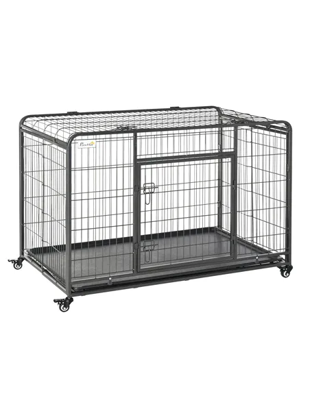 PawHut Metal Dog Cage Kennel Locking Door & Wheels Removable Tray Openable Top For Extra Large Pets 125 x 76 x 81 cm