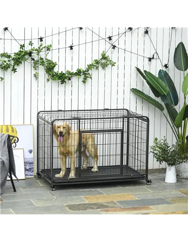 PawHut Metal Dog Cage Kennel Locking Door & Wheels Removable Tray Openable Top For Extra Large Pets 125 x 76 x 81 cm