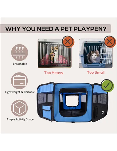 PawHut Portable Cat Dog Playpen Pet Puppy Rabbit Guinea Pig Pen Run Dia 90 x 41H cm Indoor & Outdoor Blue